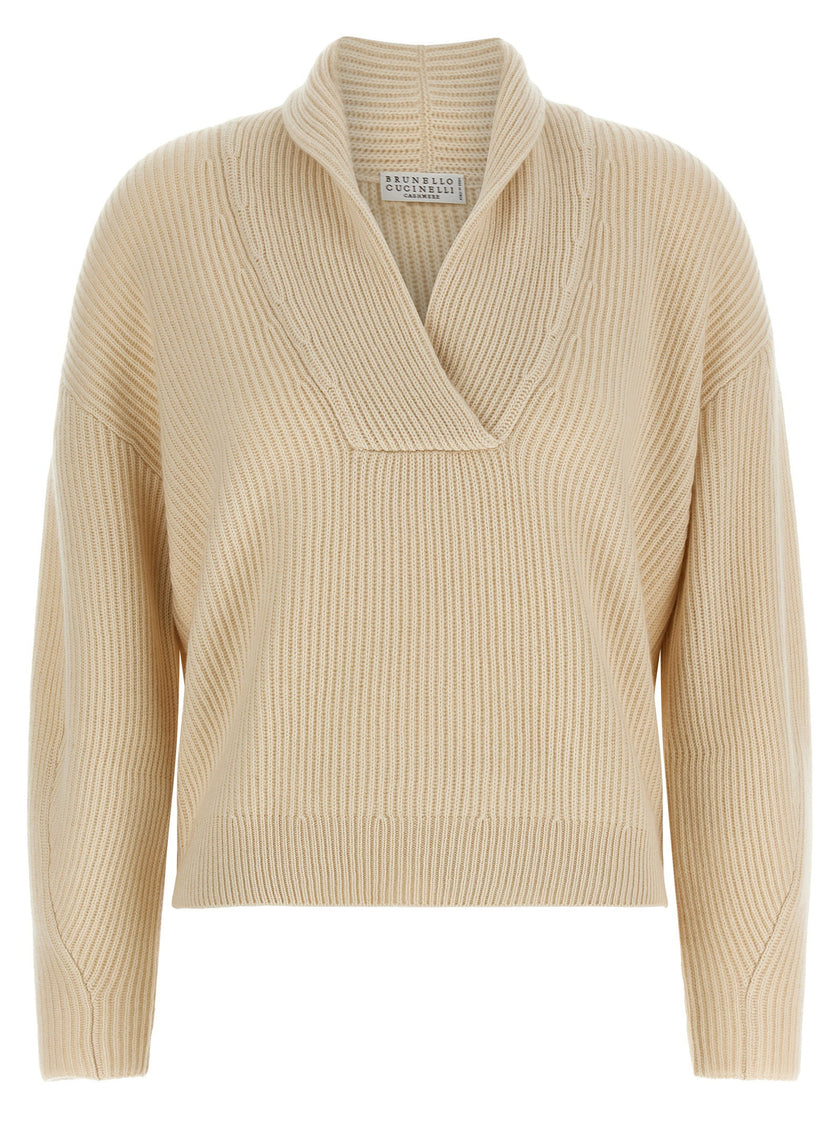 Brunello Cucinelli Shawl Neck Ribbed Sweater
