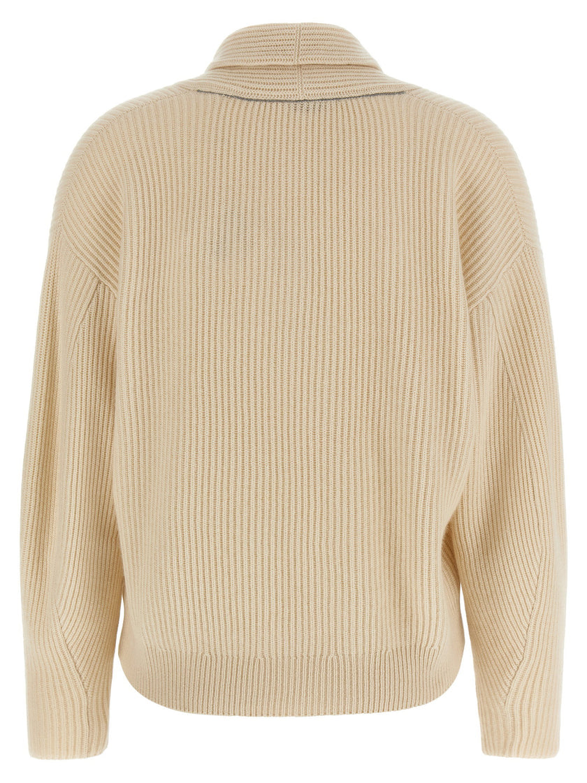 Brunello Cucinelli Shawl Neck Ribbed Sweater