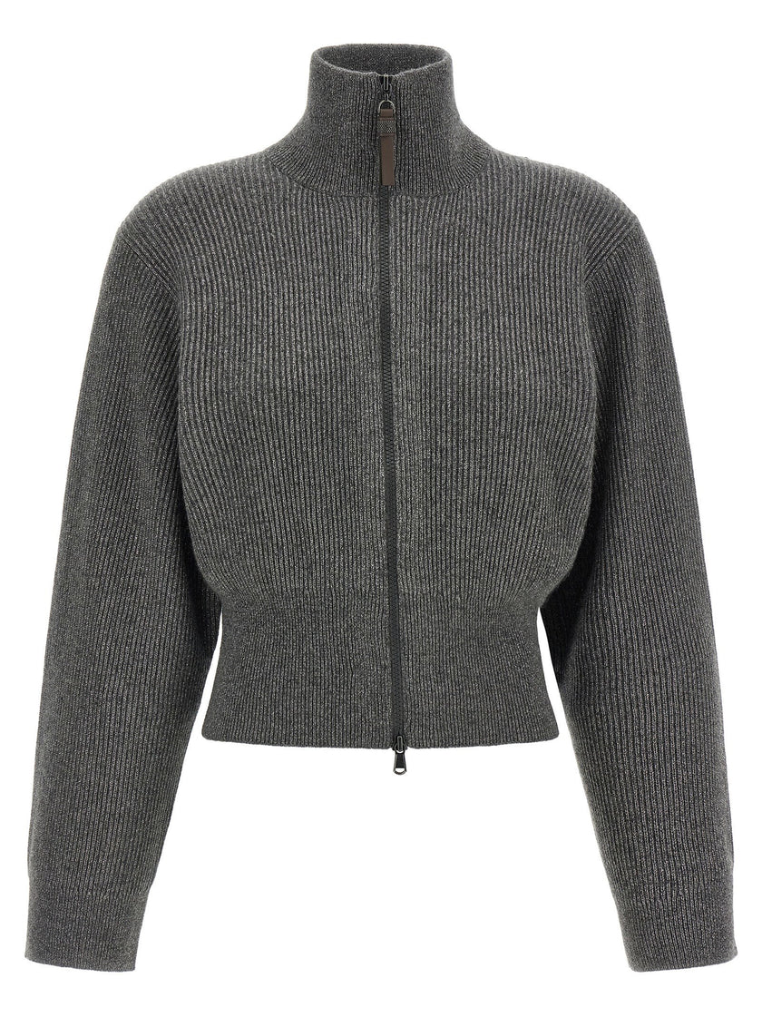 Brunello Cucinelli Ribbed Cardigan With Leather Detail