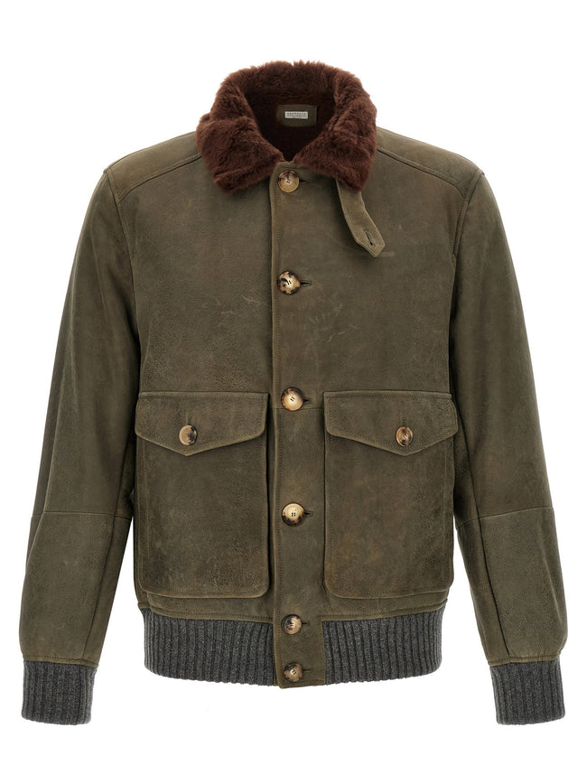 Brunello Cucinelli Waxed Shearling Bomber Jacket