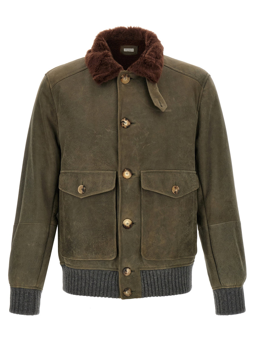 Brunello Cucinelli Waxed Shearling Bomber Jacket