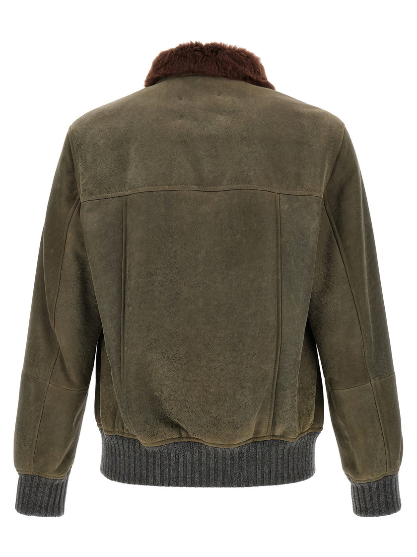 Brunello Cucinelli Waxed Shearling Bomber Jacket
