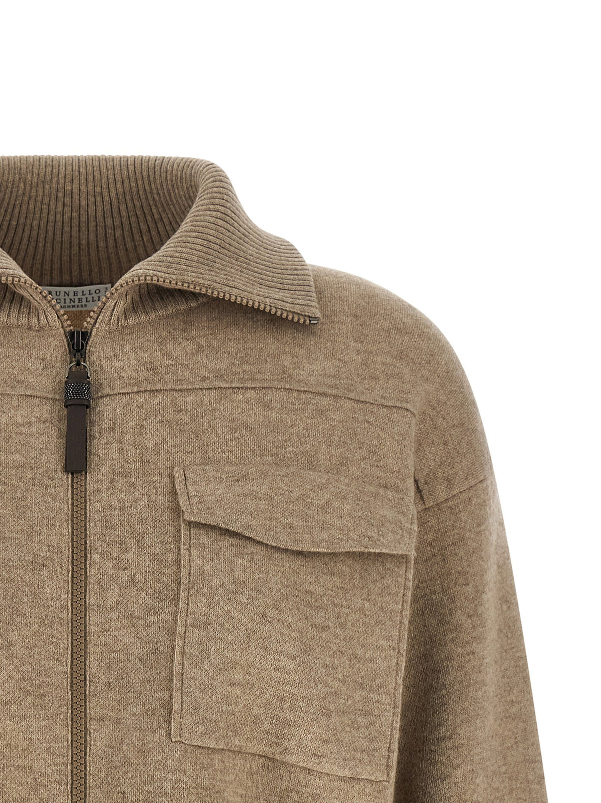 Brunello Cucinelli Shiny Zipper Pull Wool Cardigan